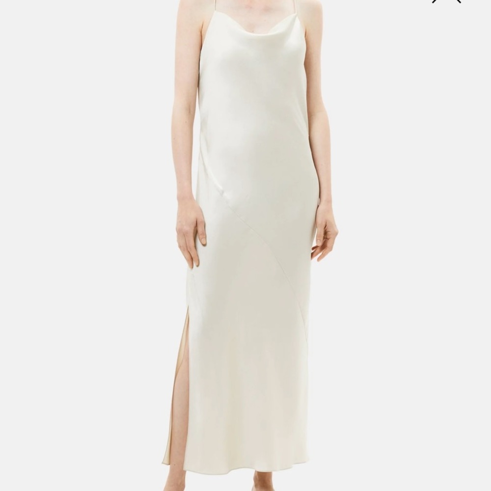 Theory draped back, cowl neck, cream colored satin slip dress, sz 2, worn once!
